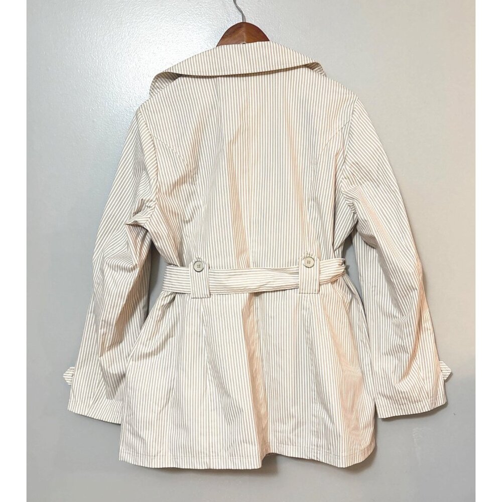 Weather Tamer Womens Beige & White Striped Trench Coat L Double-Breasted Belted - Picture 4 of 6
